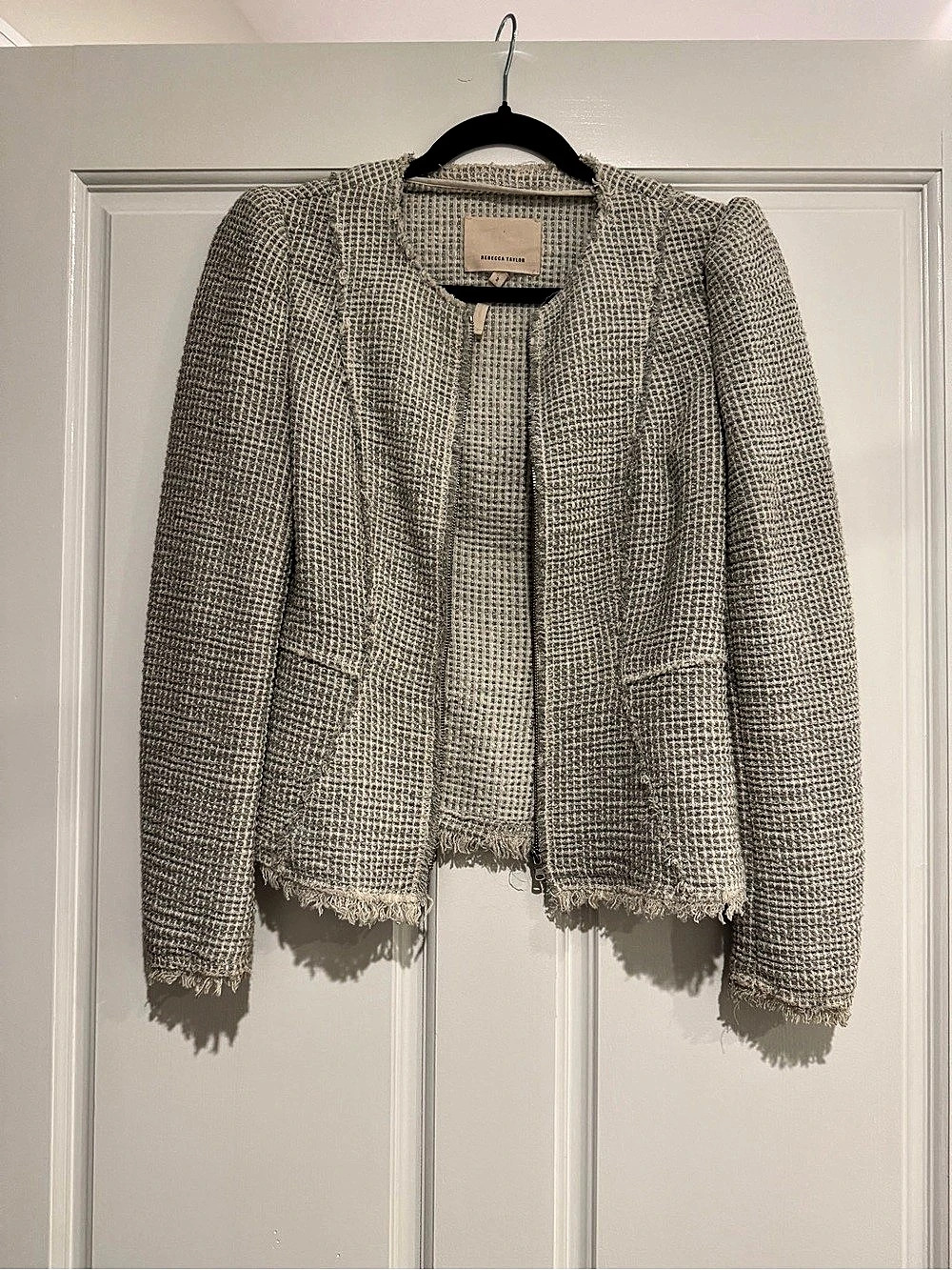 Rebecca Taylor Gray White Metallic Stretch Tweed Full Zip Jacket
